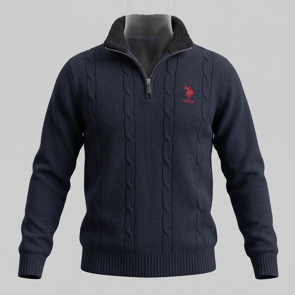 US Polo Assn Mens Medium Black Sweater Quarter Zip Cable Knit Sherpa Collar
